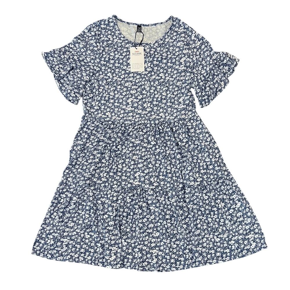 NWT Nclook Blue & White Boho Ruffle Short Sleeve Mini Dress - Size M
